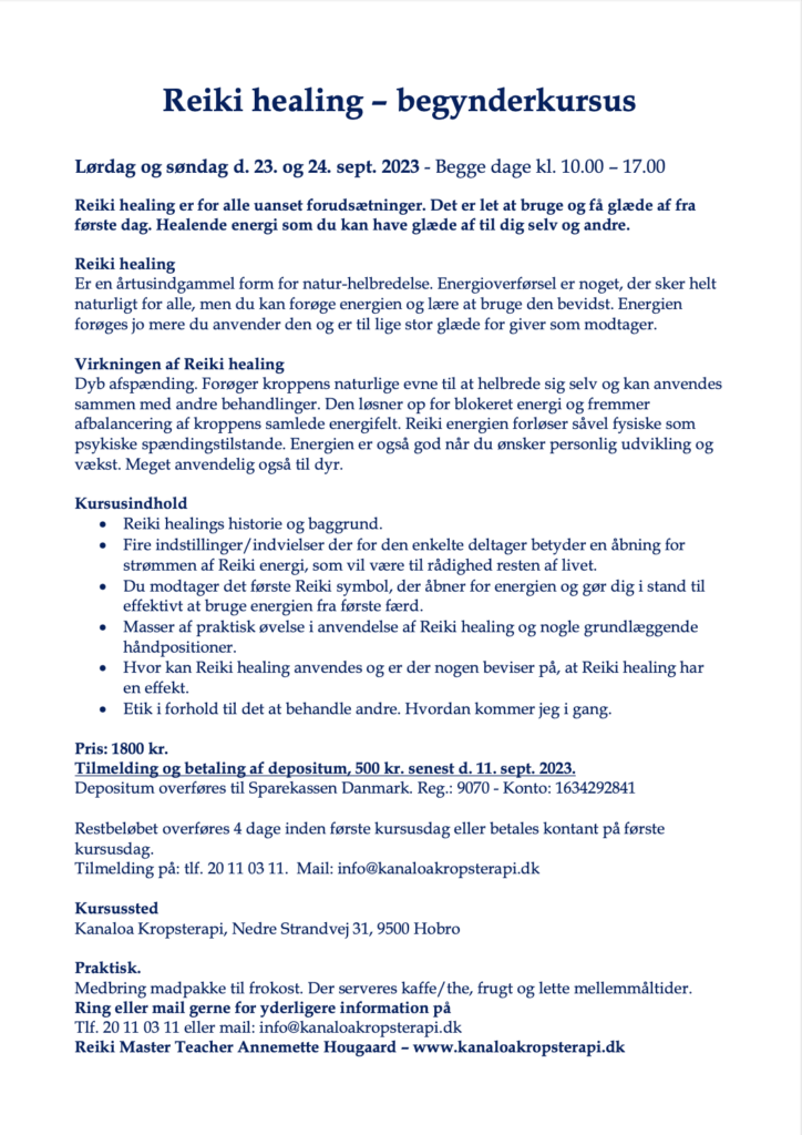 Kursusbeskrivelse af Reiki 1, september 2024