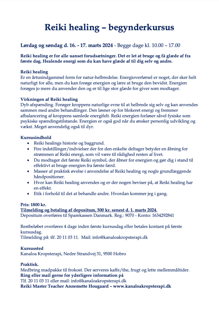 Kursusbeskrivelse af Reiki 1, marts 2024