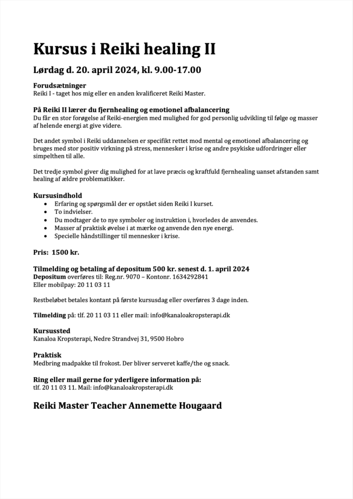 Kursusbeskrivelse af Reiki 2, april 2024