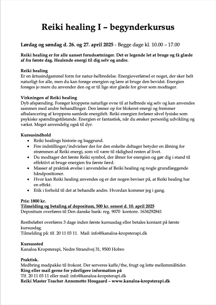 Reiki 1, april 2025 kursusbeskrivelse